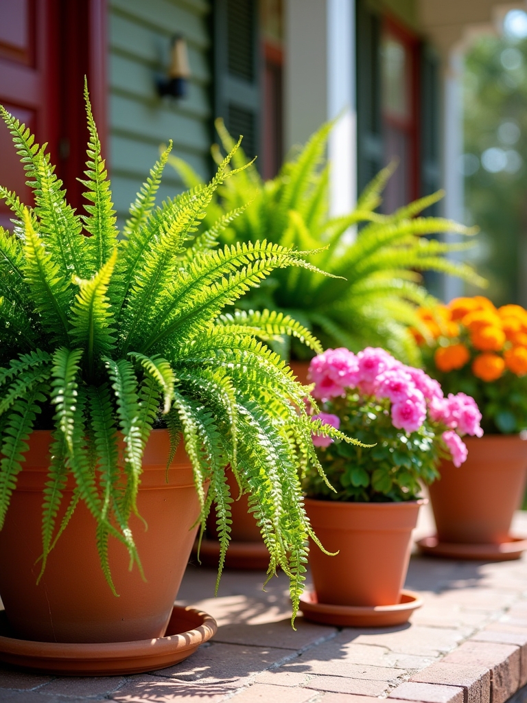 colorful pots enhance ferns