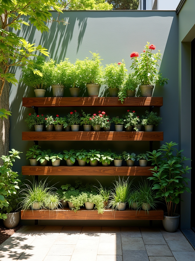 tiered wooden plant shelves
