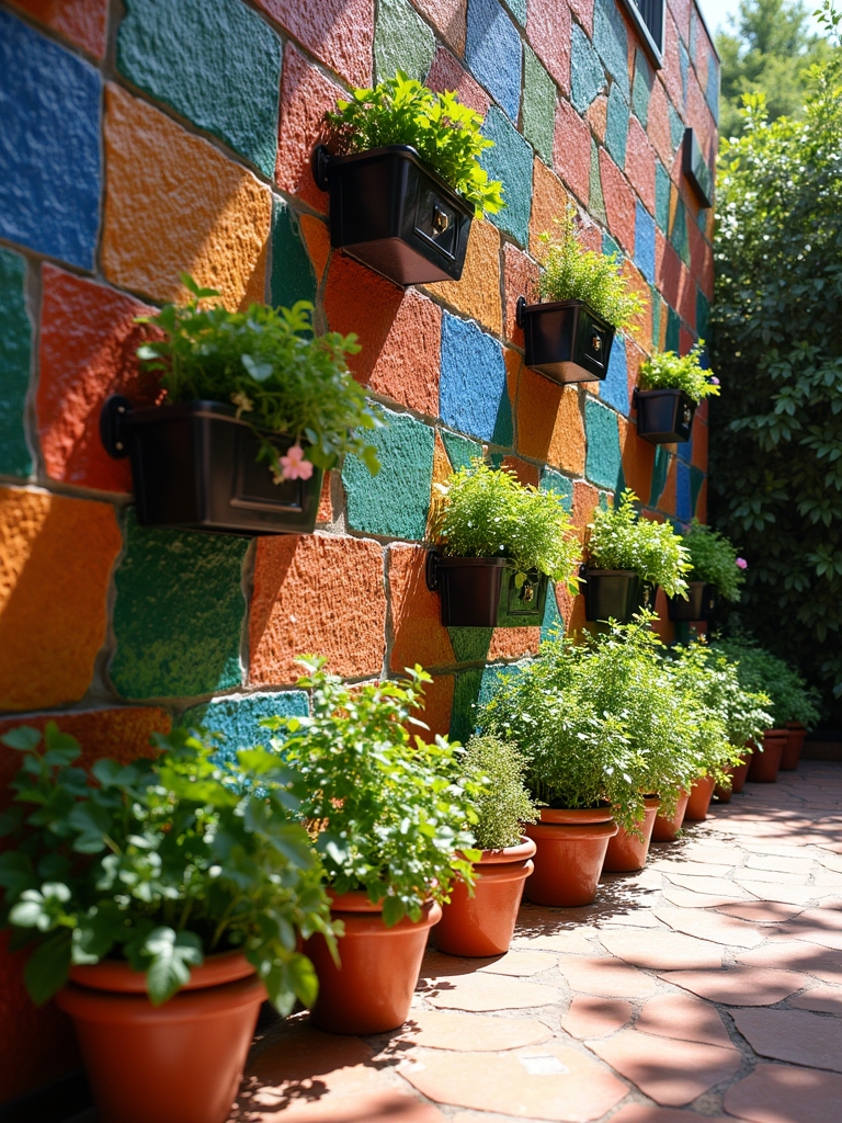 vibrant mosaic planter wall