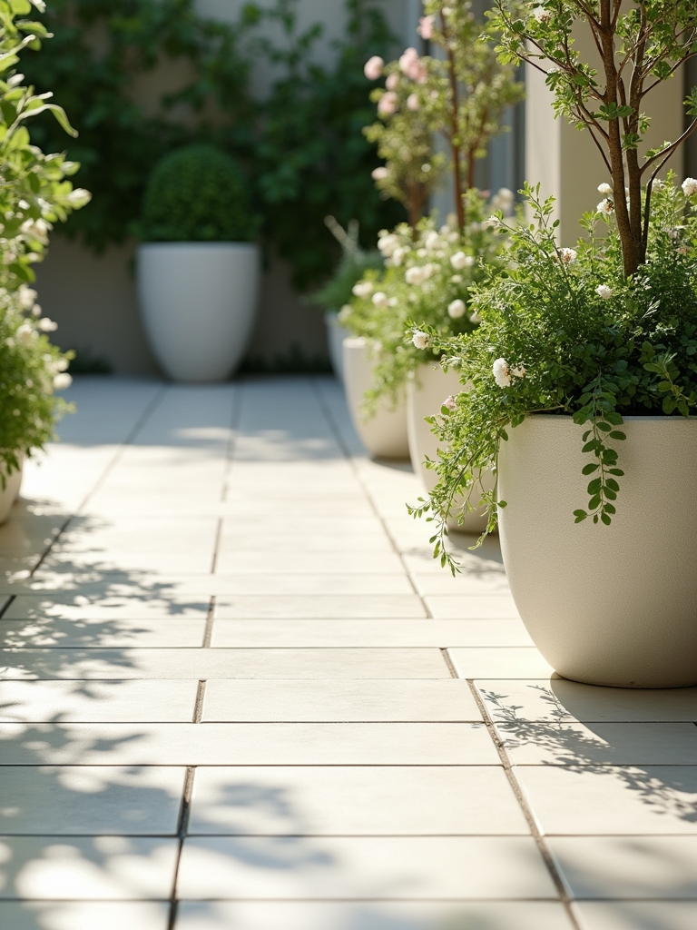 white planters enhance patios