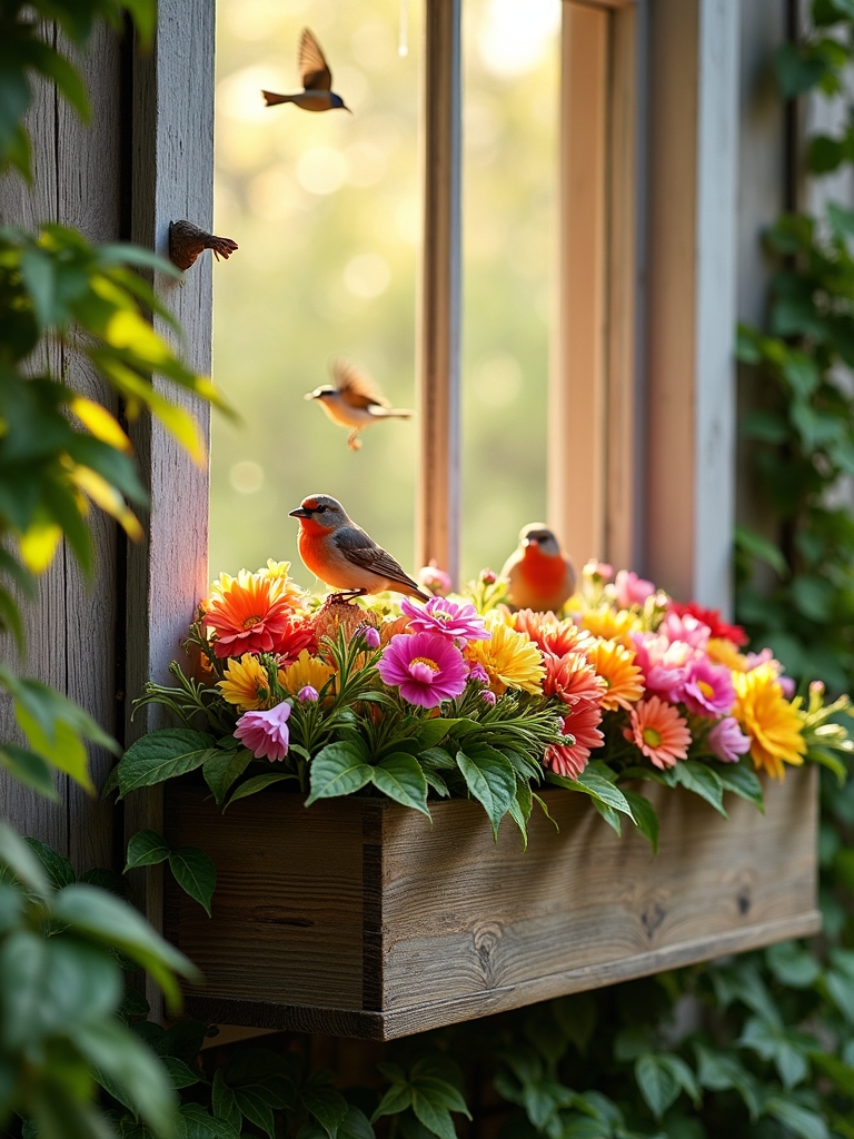 birdwatching with vibrant flowers