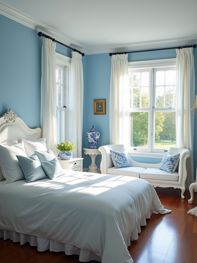 blue and white bedroom elegance
