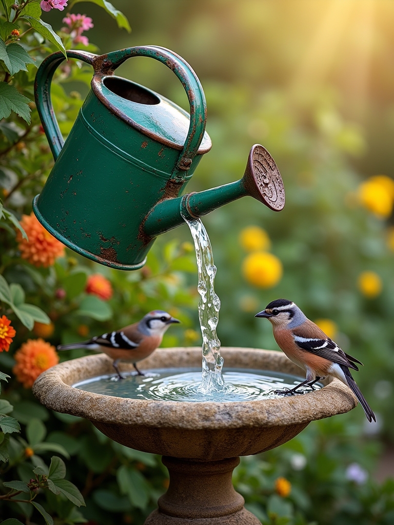 charming watering can birdbath