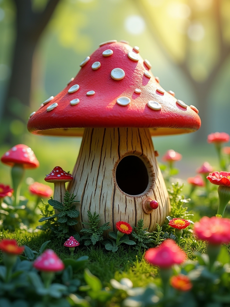 charming whimsical mushroom birdhouse