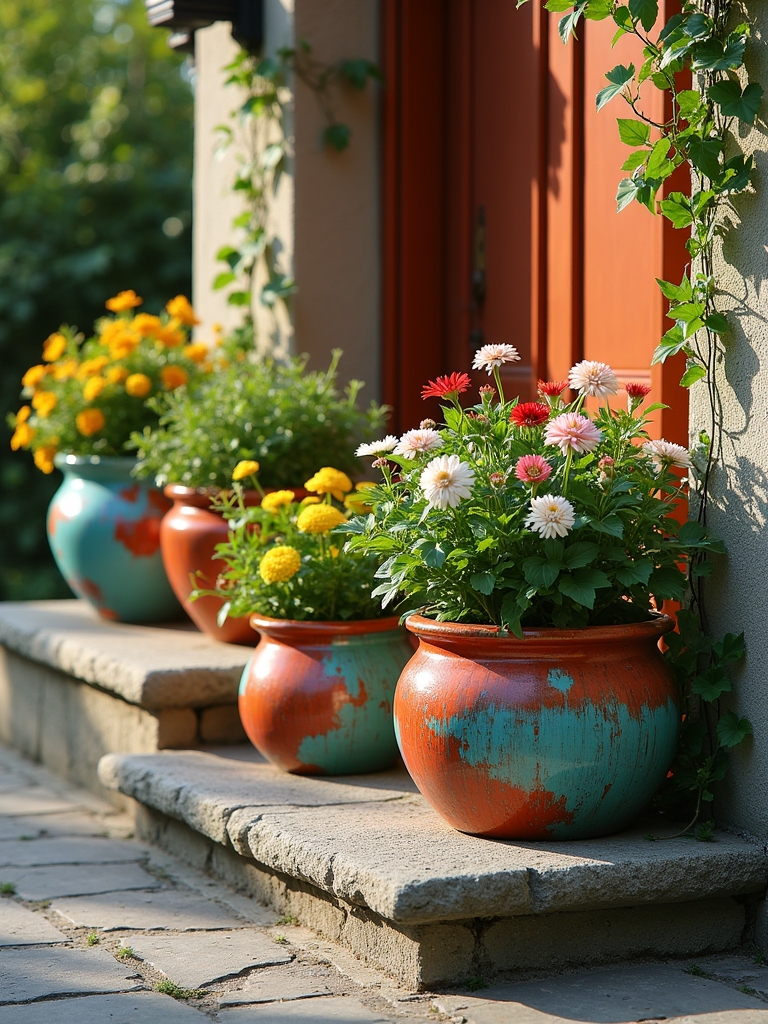 colorful planters enhance entrances