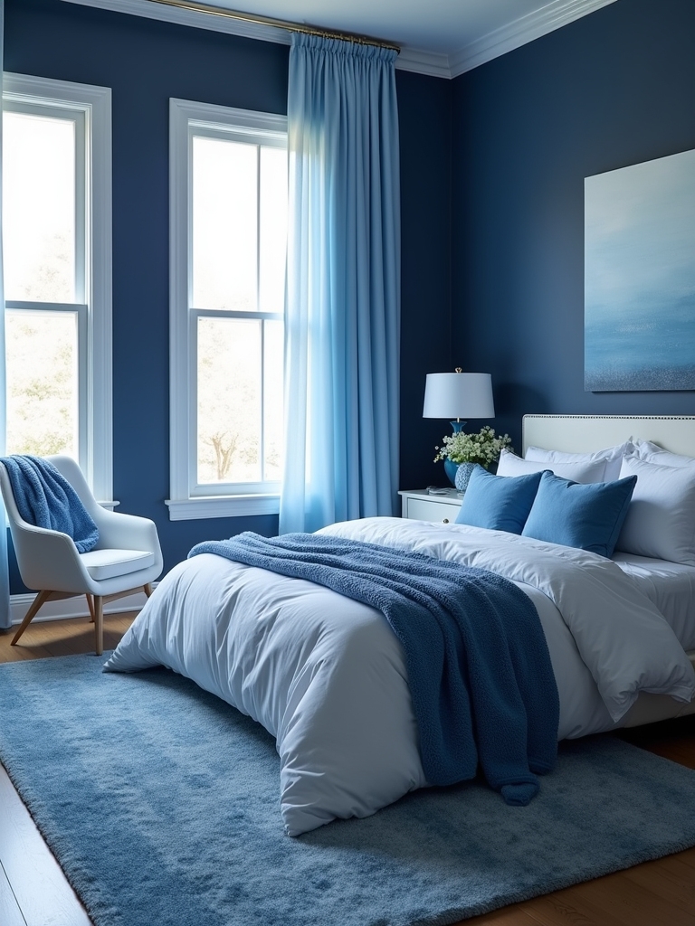 monochromatic blue bedroom layers