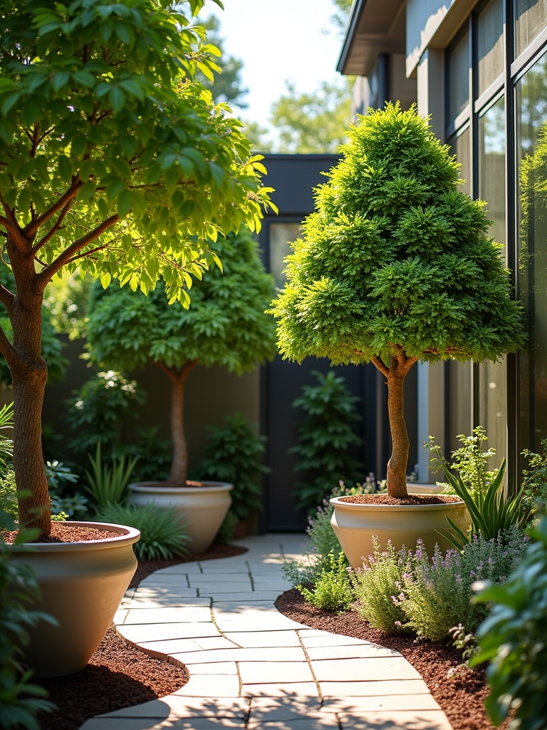 potted trees enhance garden aesthetics
