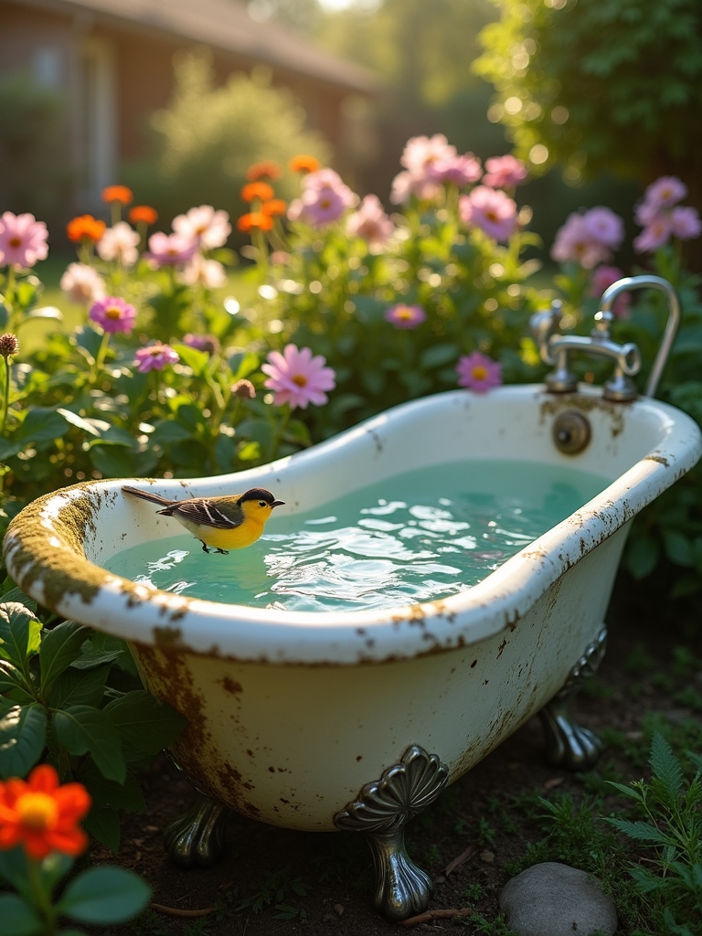 repurposed bathtub bird bath