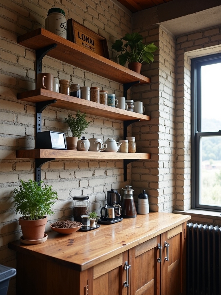 rustic shelves for coffee bar