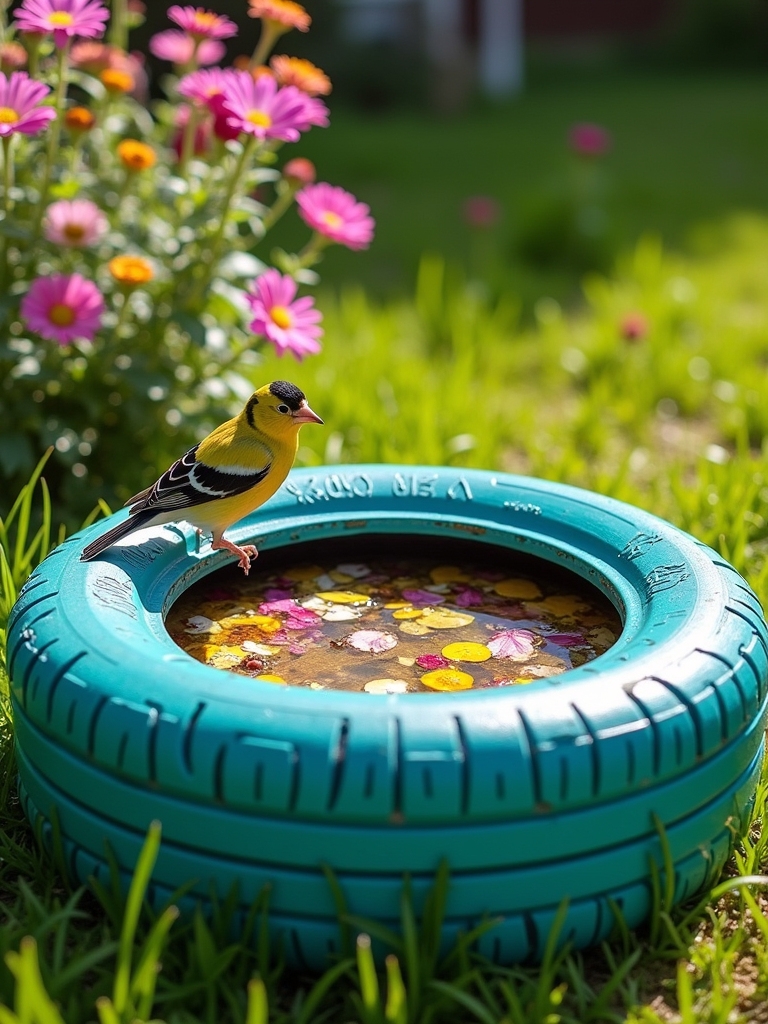 upcycled tire bird bath