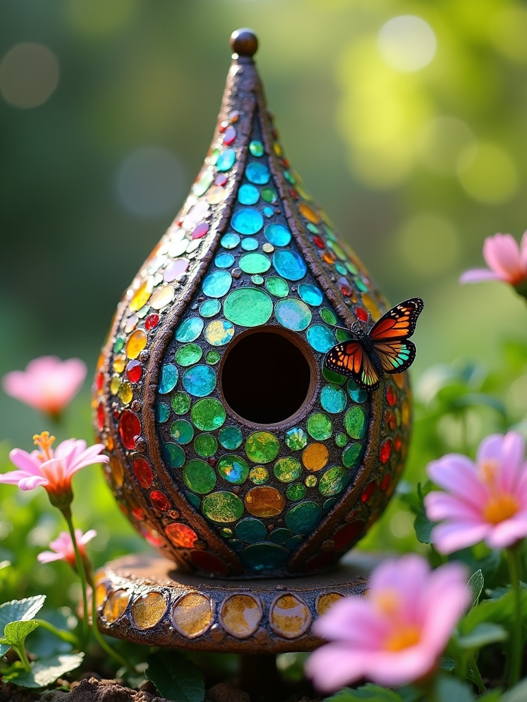 vibrant mosaic birdhouse design