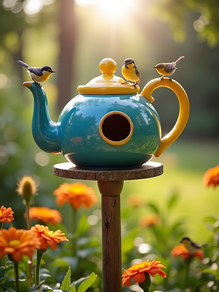 whimsical colorful teapot birdhouse