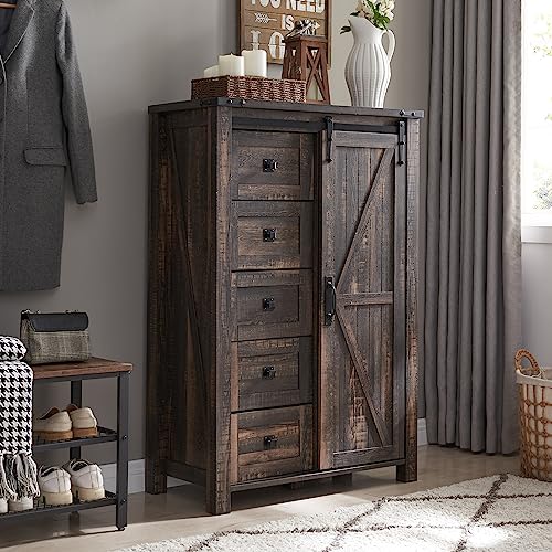 T4TREAM 5 Drawers Dresser for Bedroom w/Sliding Barn Door, Farmhouse...