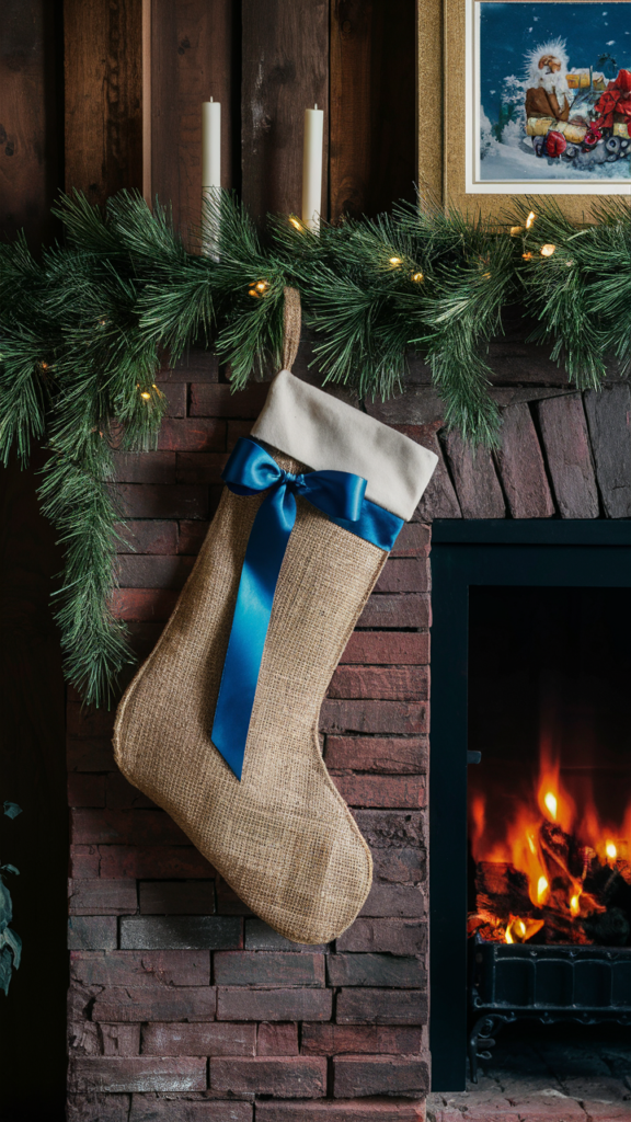 Burlap and Blue Ribbon Stocking