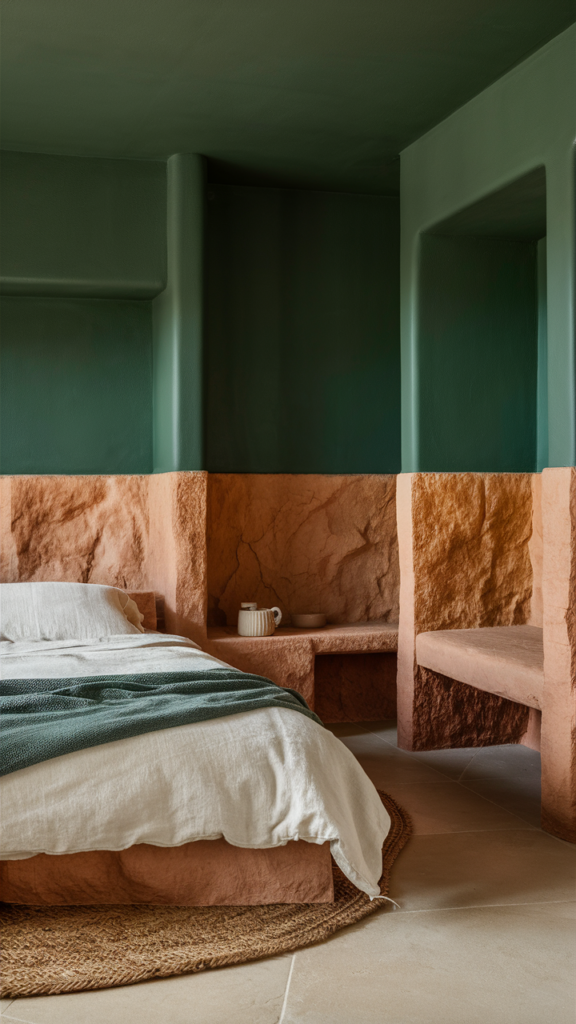Forest Green Walls with Natural Terracotta Stone Accents
