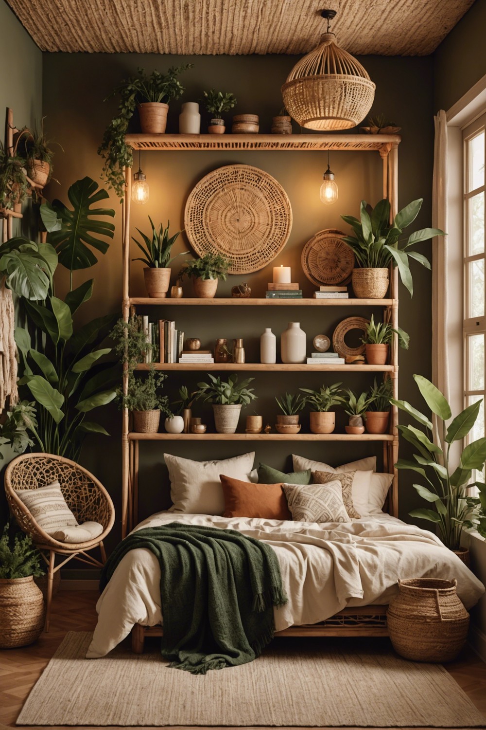 Boho-Chic Shelving Units with Woven Rattan Baskets
