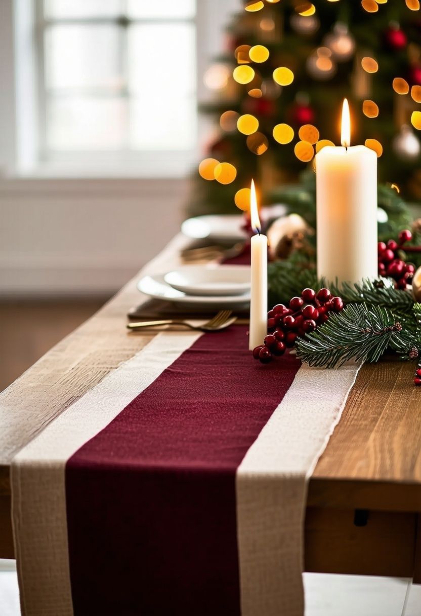 Burgundy and Cream Color Block Table Runner
