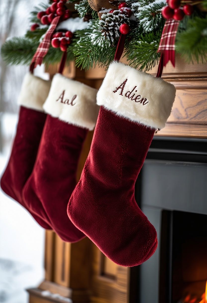 Burgundy Stockings with Personalized Name Tags