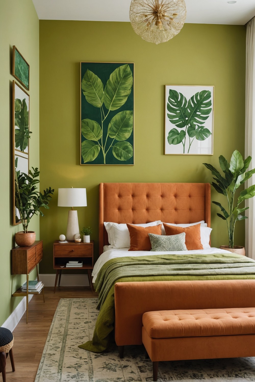 Chartreuse Green Accent Wall with Warm Terracotta Furniture