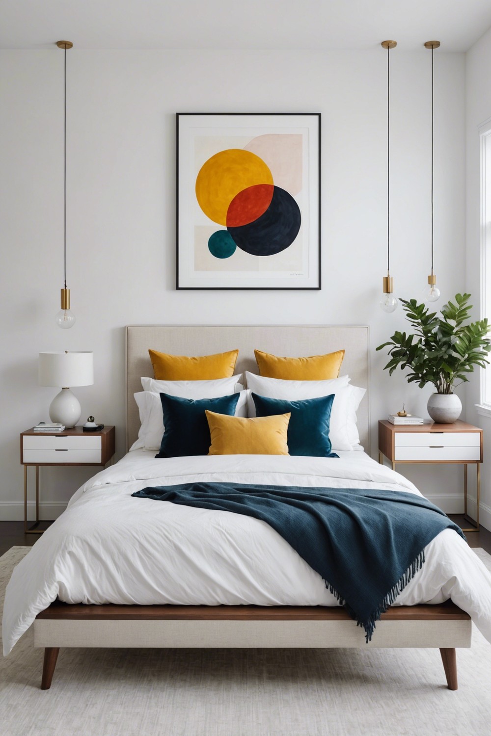 Contemporary Chic: White Bedroom with Abstract Art