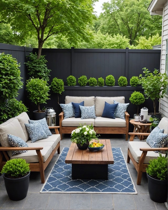Create a cozy seating area with comfortable lounge chairs and a coffee table