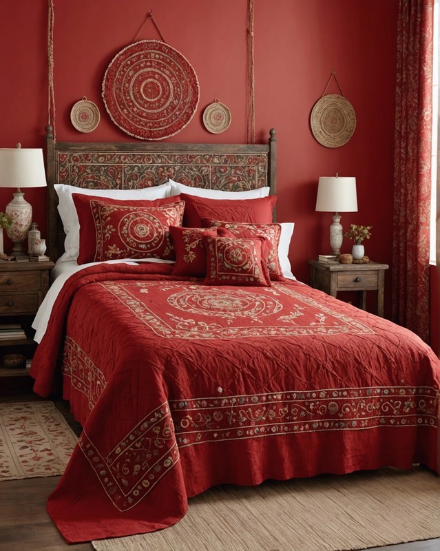 Embroidered Red Bedspread with Woven Throw
