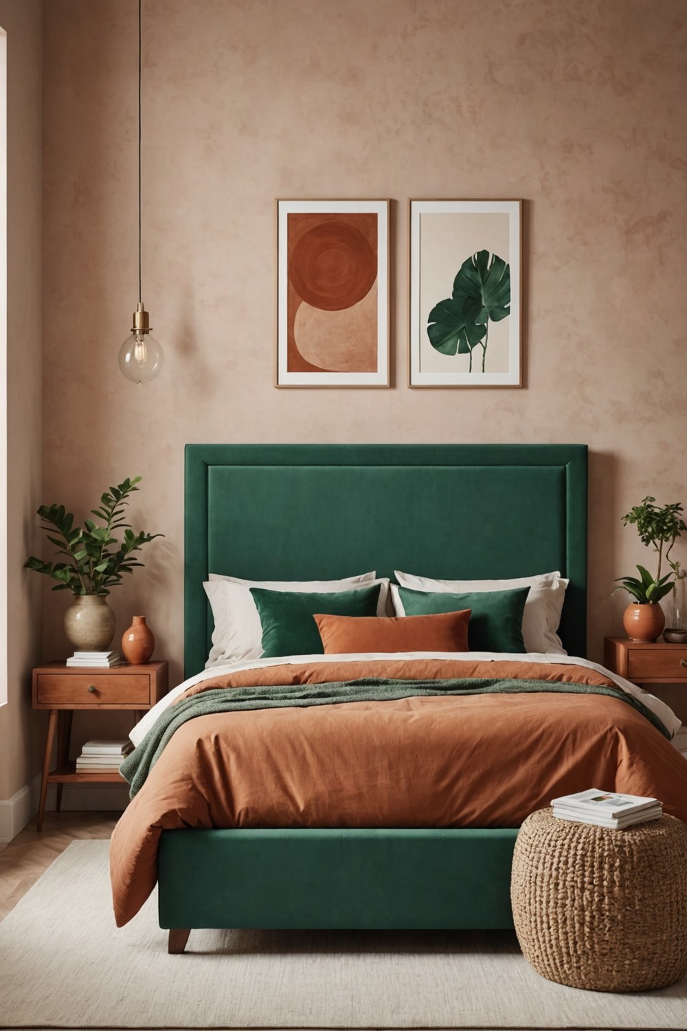 Emerald Green Bed Frame with Natural Terracotta Headboard