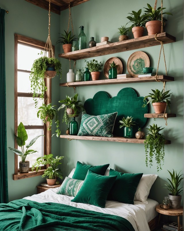 Floating Shelves with Emerald Green Decor