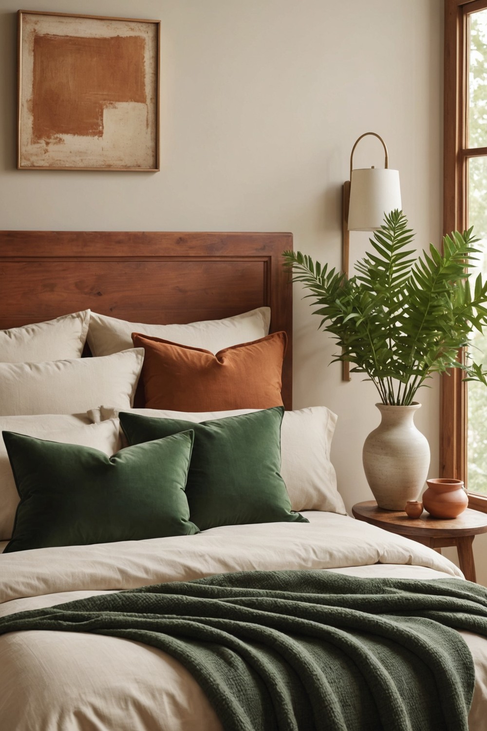Forest Green Accent Pillows with Natural Terracotta Vases