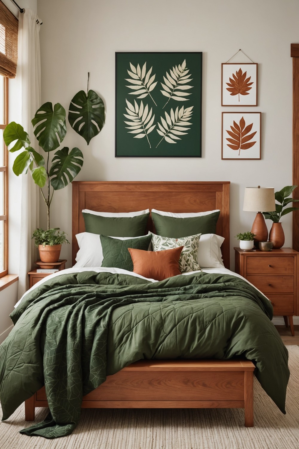 Hunter Green Bedding with Earthy Terracotta-Inspired Art