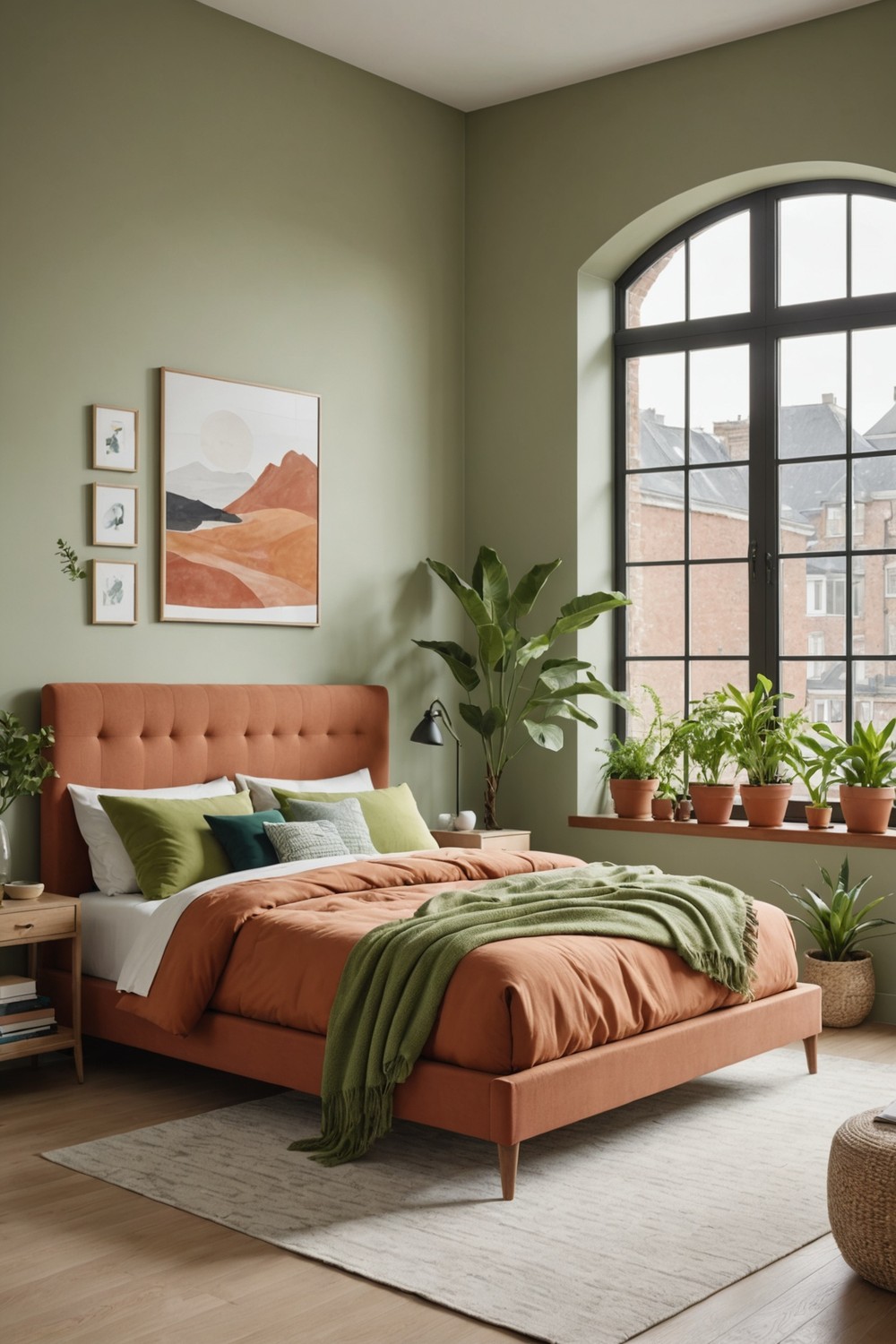 Lime Green Accent Pillows with Warm Terracotta Bed Frame