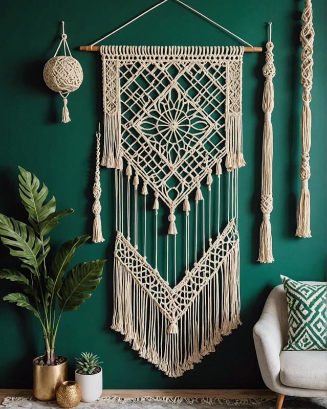 Macrame Wall Hanging with Emerald Green Accents