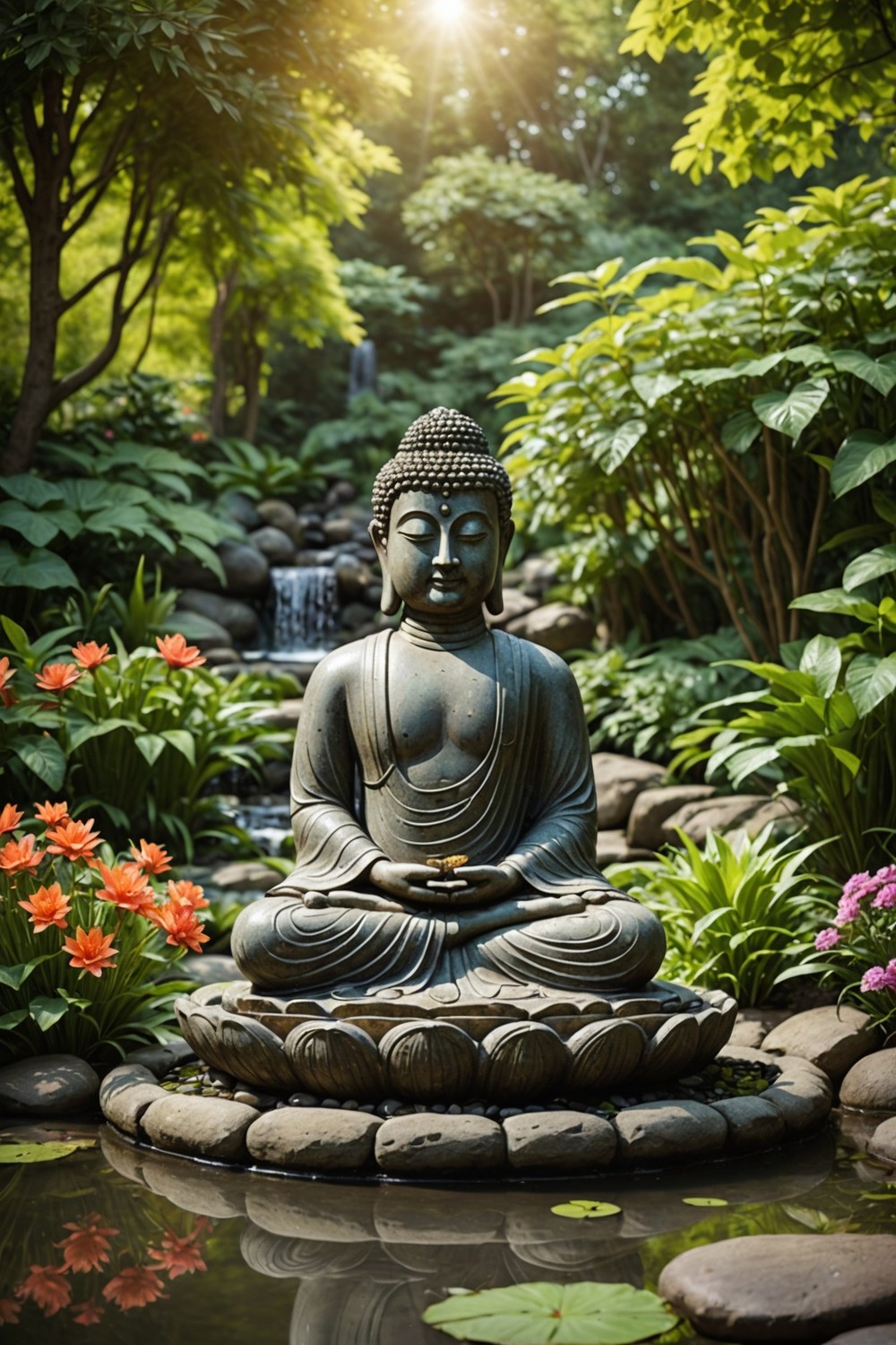 Meditation Garden with Buddha Statue and Peaceful Water Feature