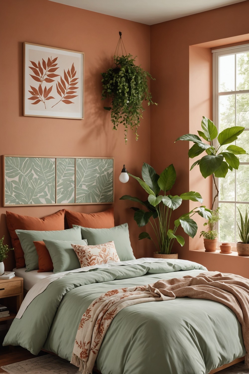 Mint Green Bedding with Terracotta-Inspired Wall Art