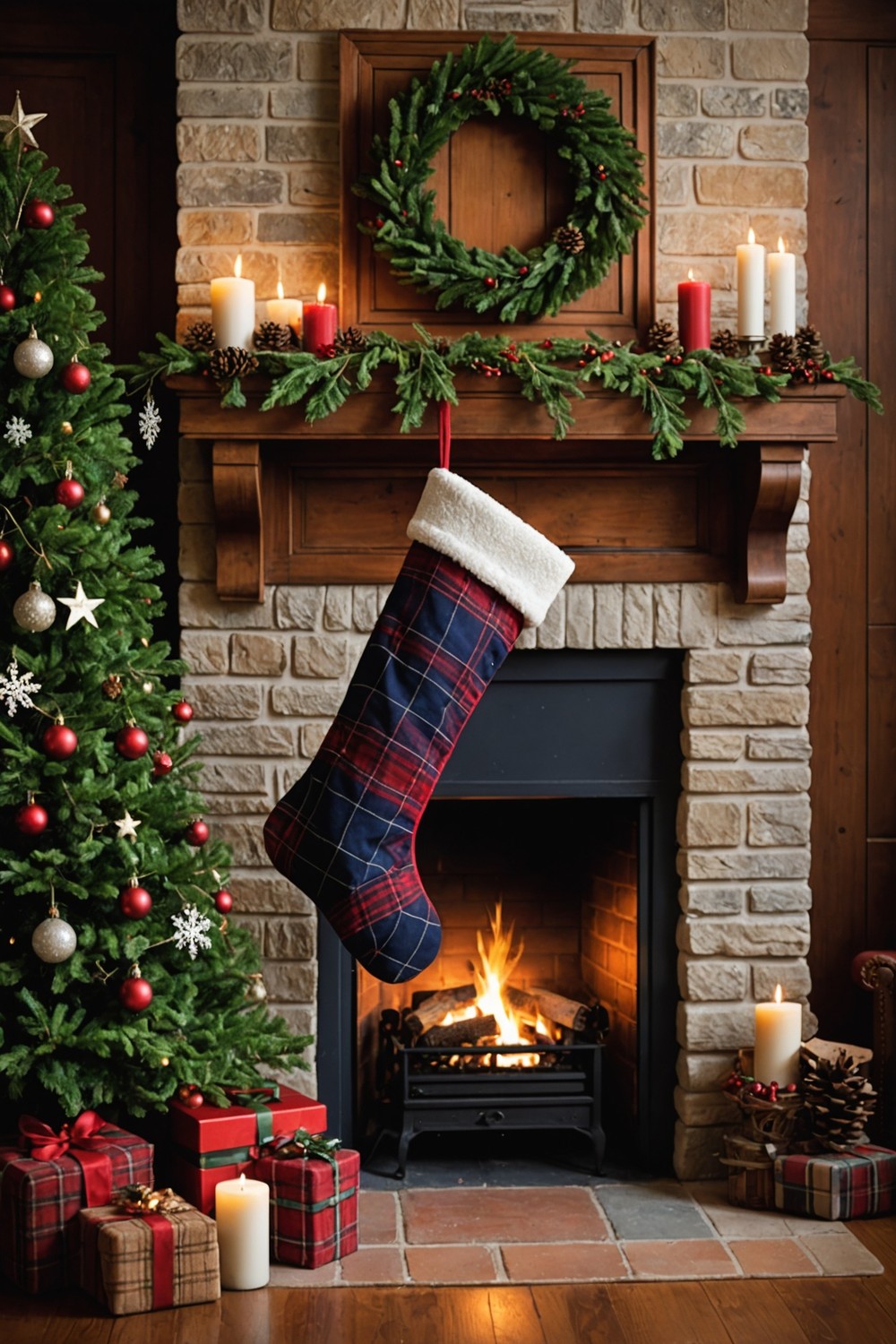 Navy Blue and Red Plaid Stocking