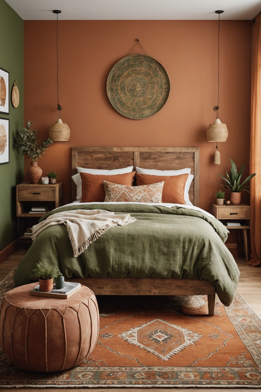 Olive Green Accent Wall with Terracotta Bedside Tables