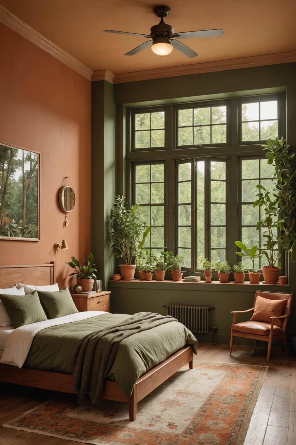 Olive Green Walls with Terracotta-Colored Window Frames