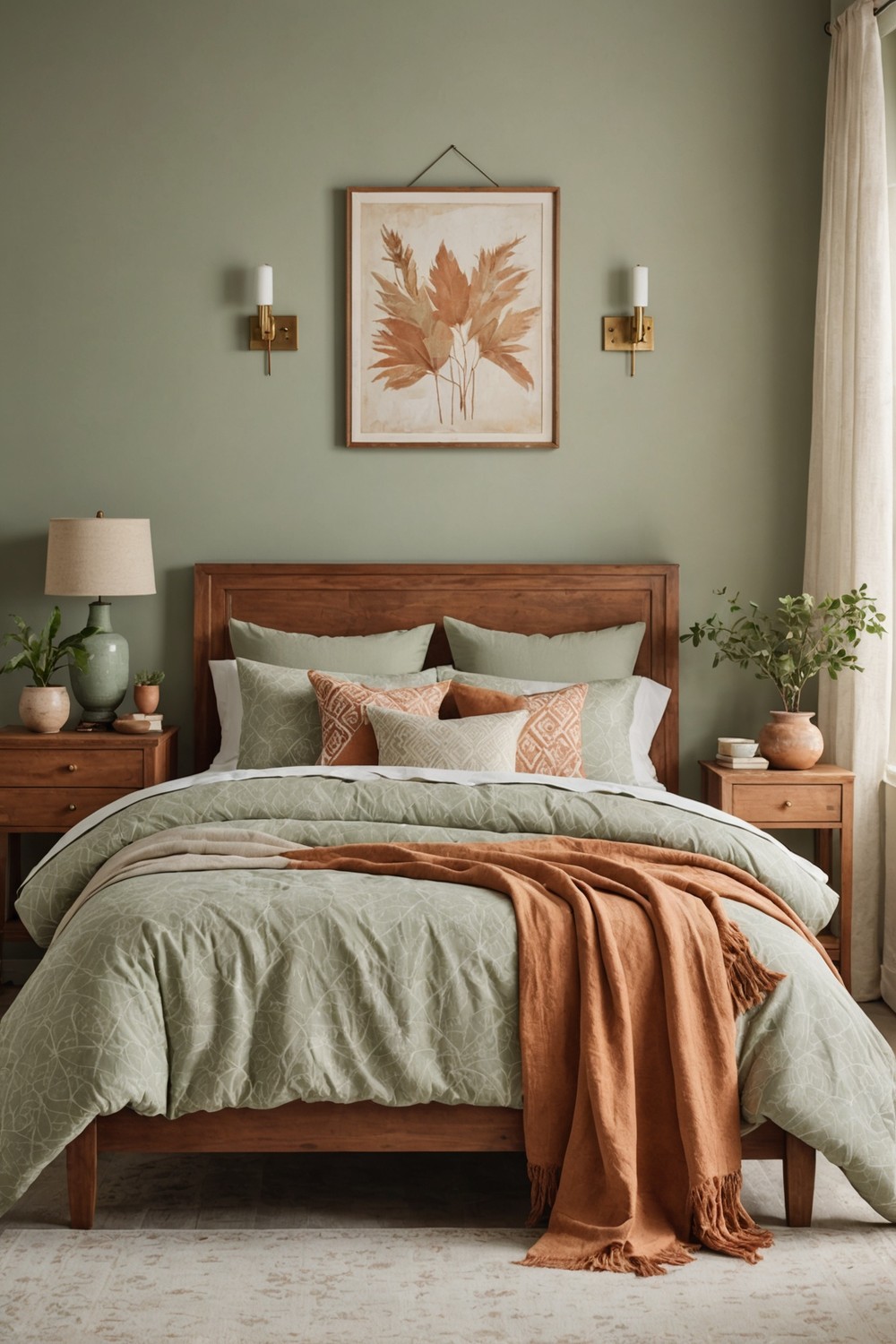 Pastel Green Bedding with Distressed Terracotta Nightstands
