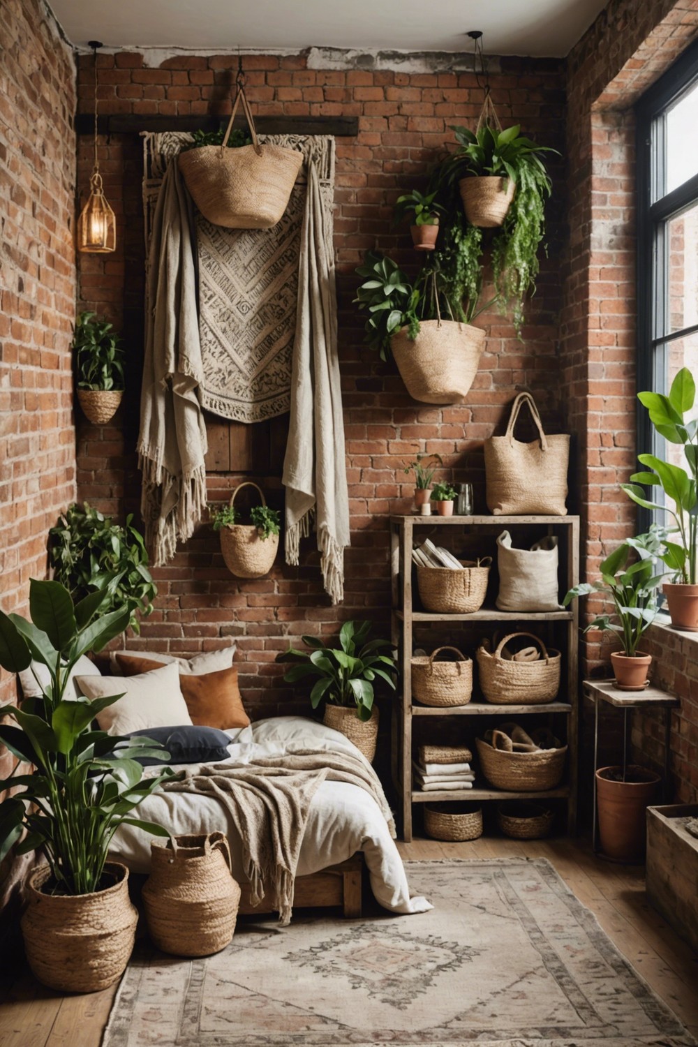 Reclaimed Wood Shelving with Woven Bags