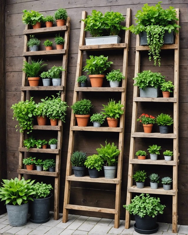 Rustic vertical garden with ladder.