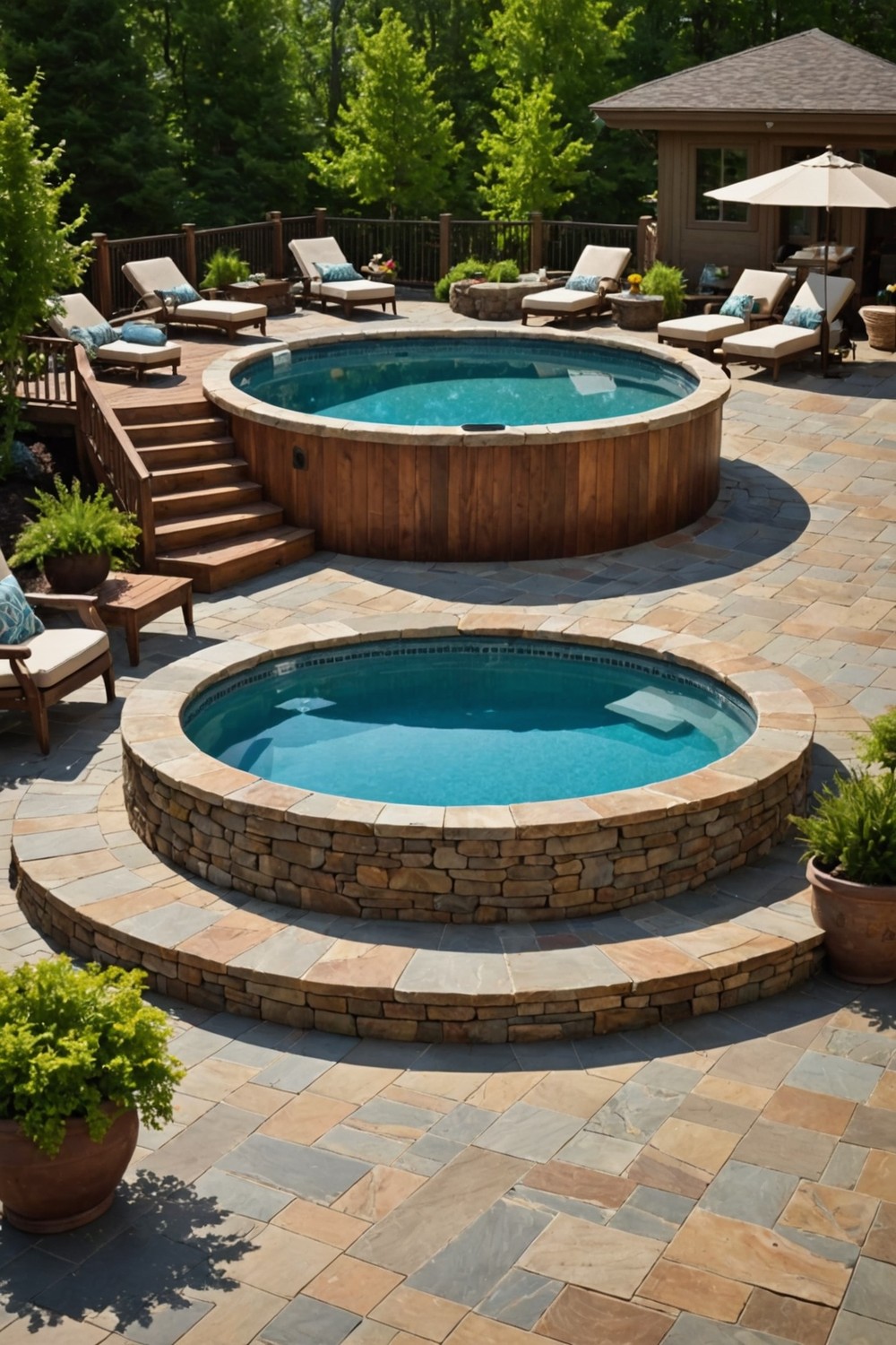 Rustic Wooden Deck with Natural Stone Coping