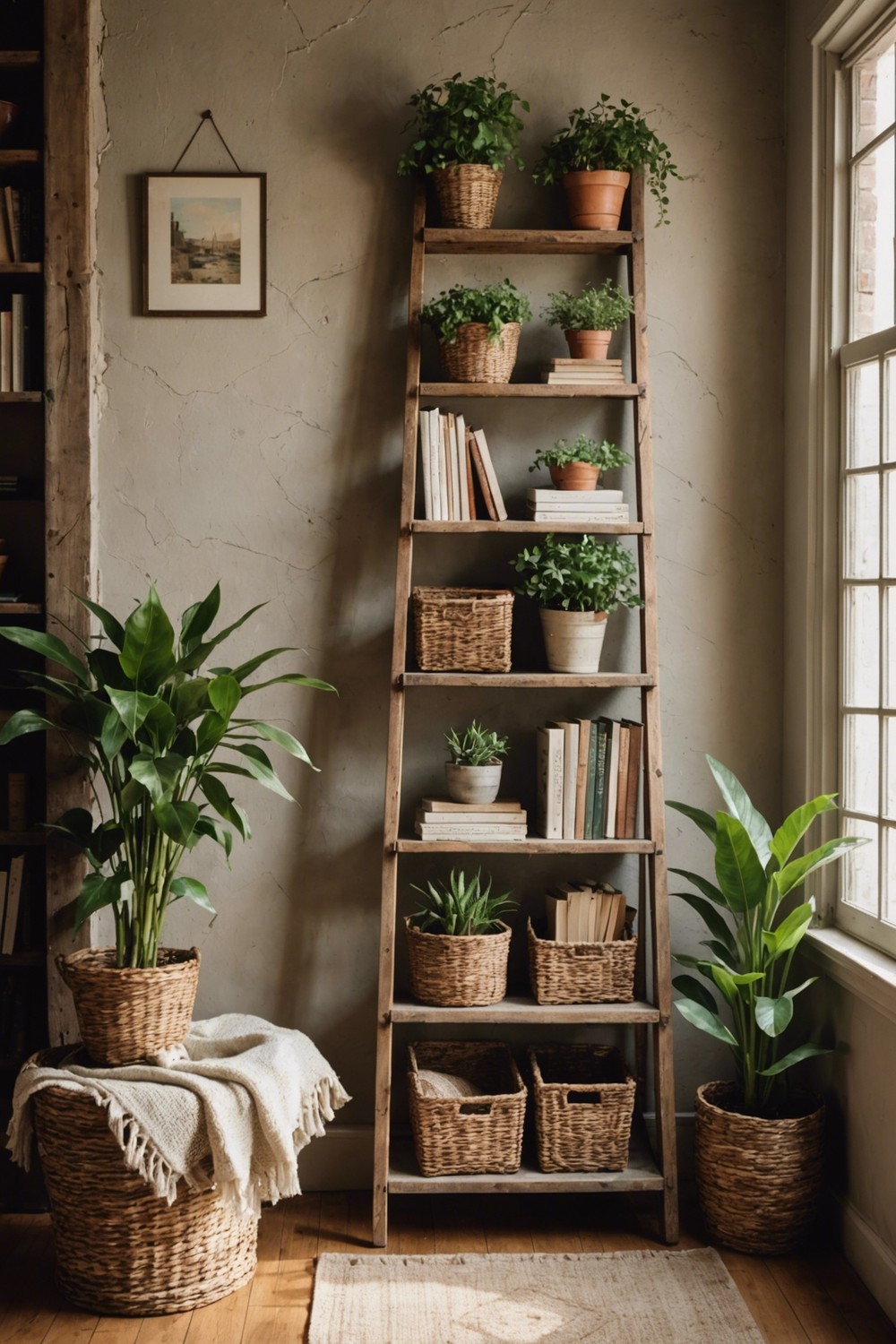Rustic Wooden Ladders as Bookshelves with Storage