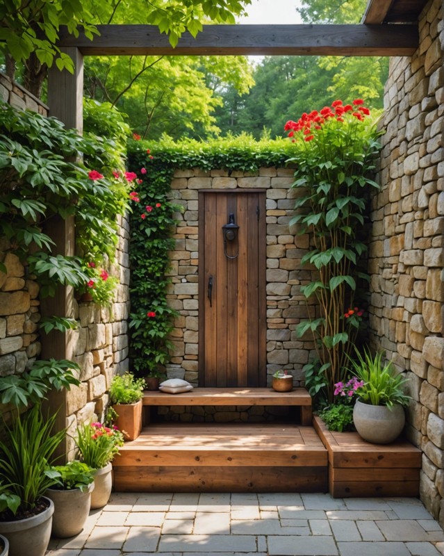 Rustic Wooden Shower Bench with Built-in Planters