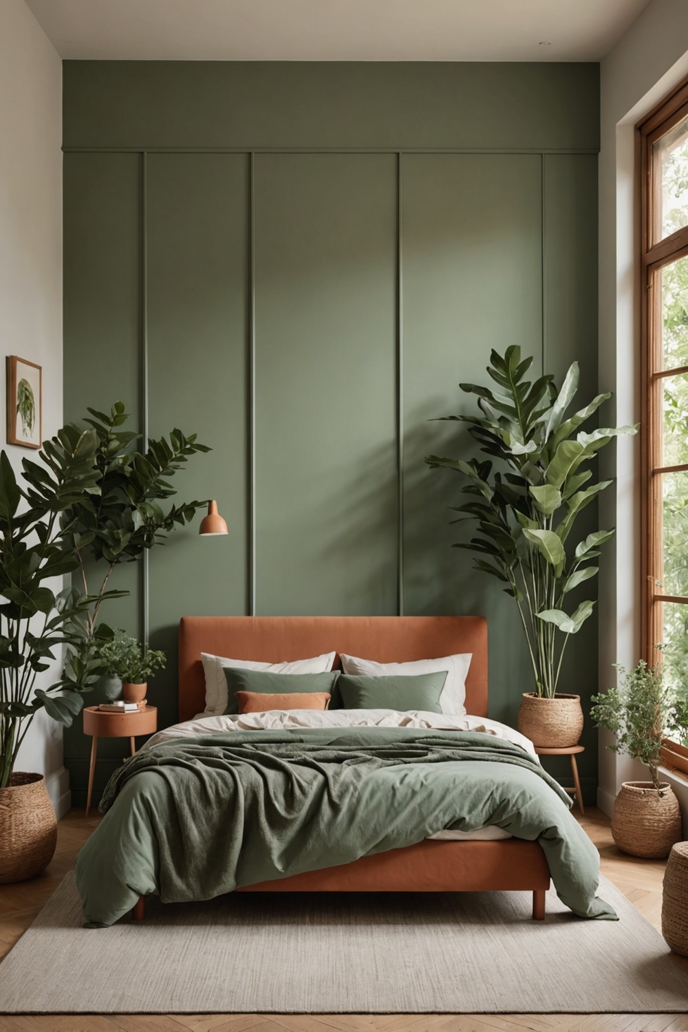 Sage Green Bed Frame with Natural Terracotta Room Divider