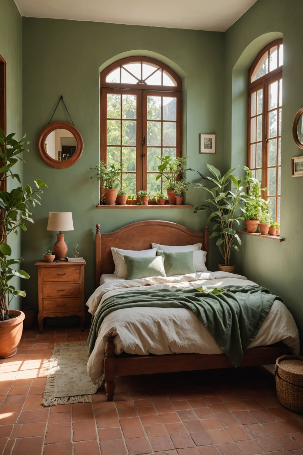 Sage Green Walls with Earthy Terracotta Floor Tiles