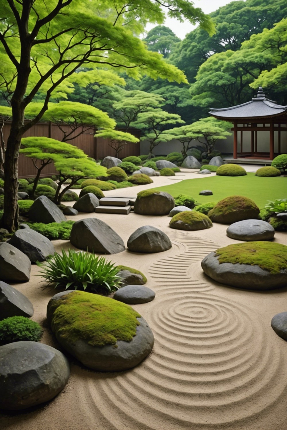 Sandy Raked Grounds for a Meditative Feel