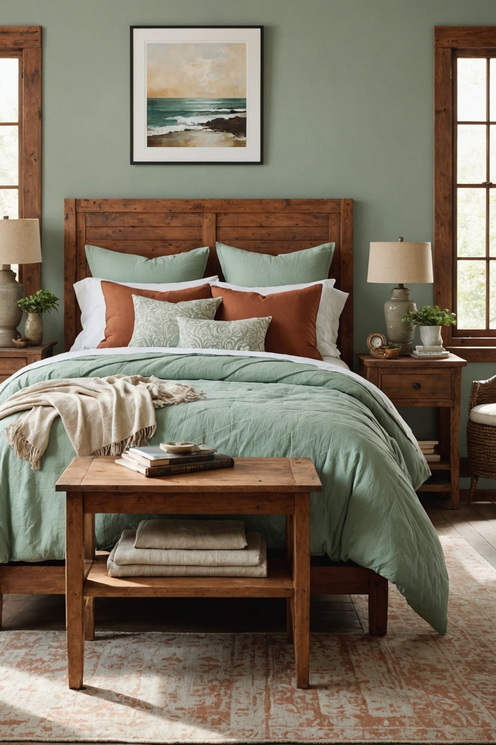 Seafoam Green Bedding with Distressed Terracotta Side Tables