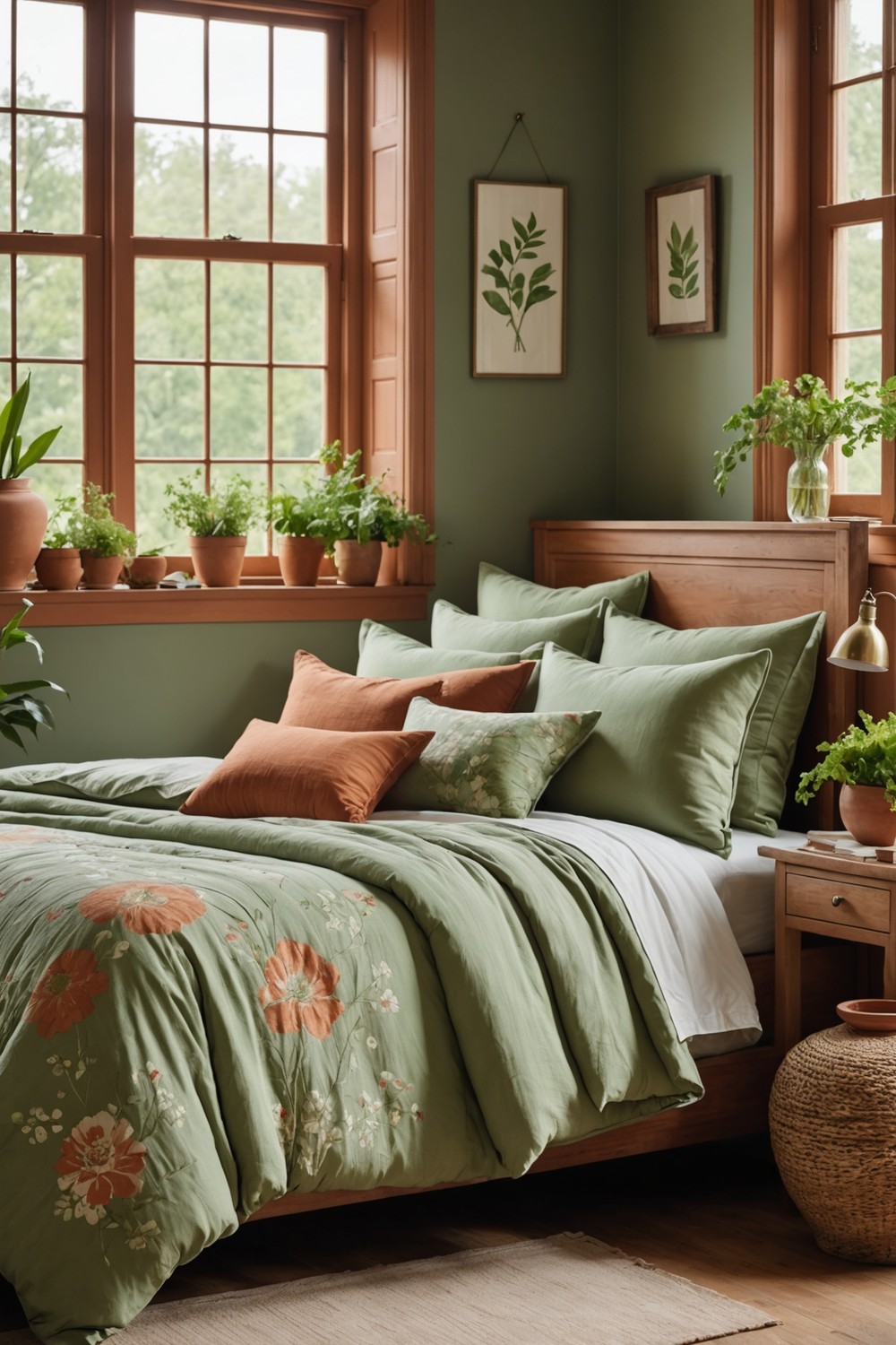 Soft Pea Green Bedding with Earthy Terracotta Room Decor