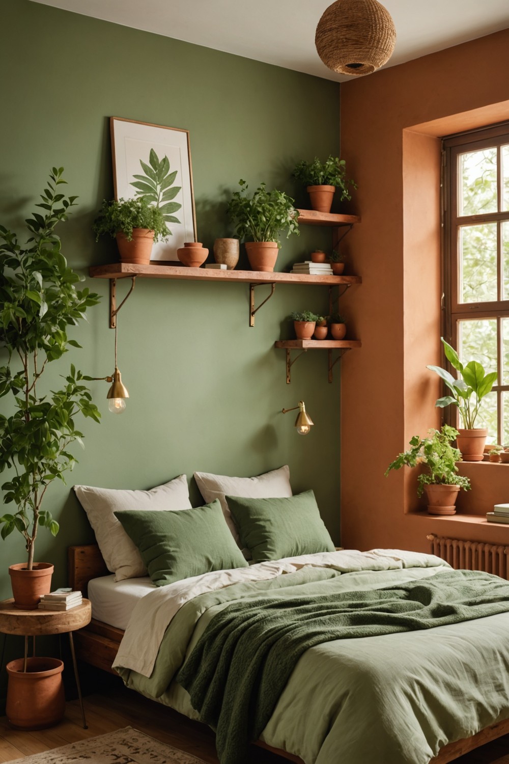 Soft Pea Green Walls with Rustic Terracotta Shelves