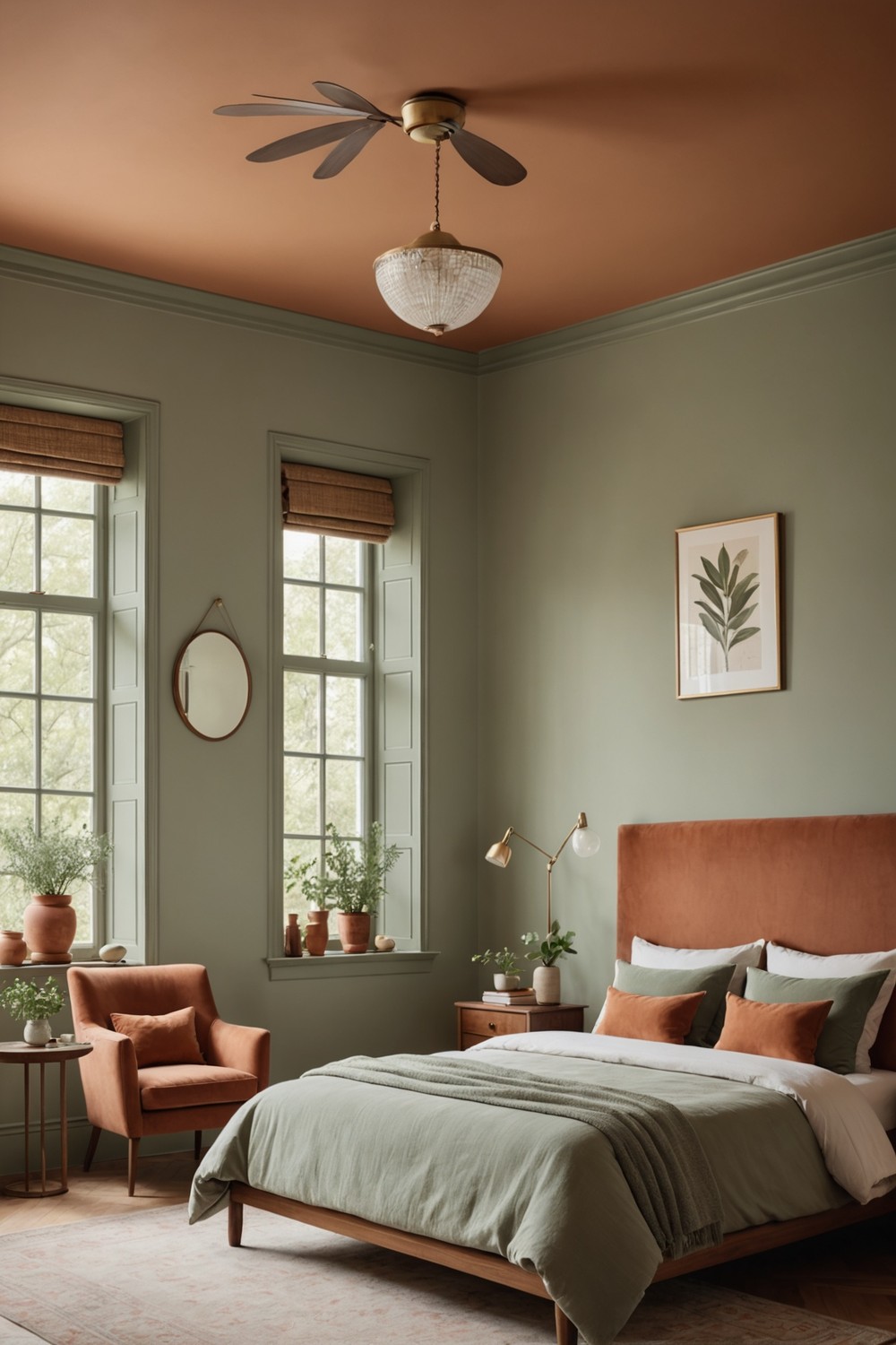 Soft Sage Green Walls with Warm Terracotta Ceiling